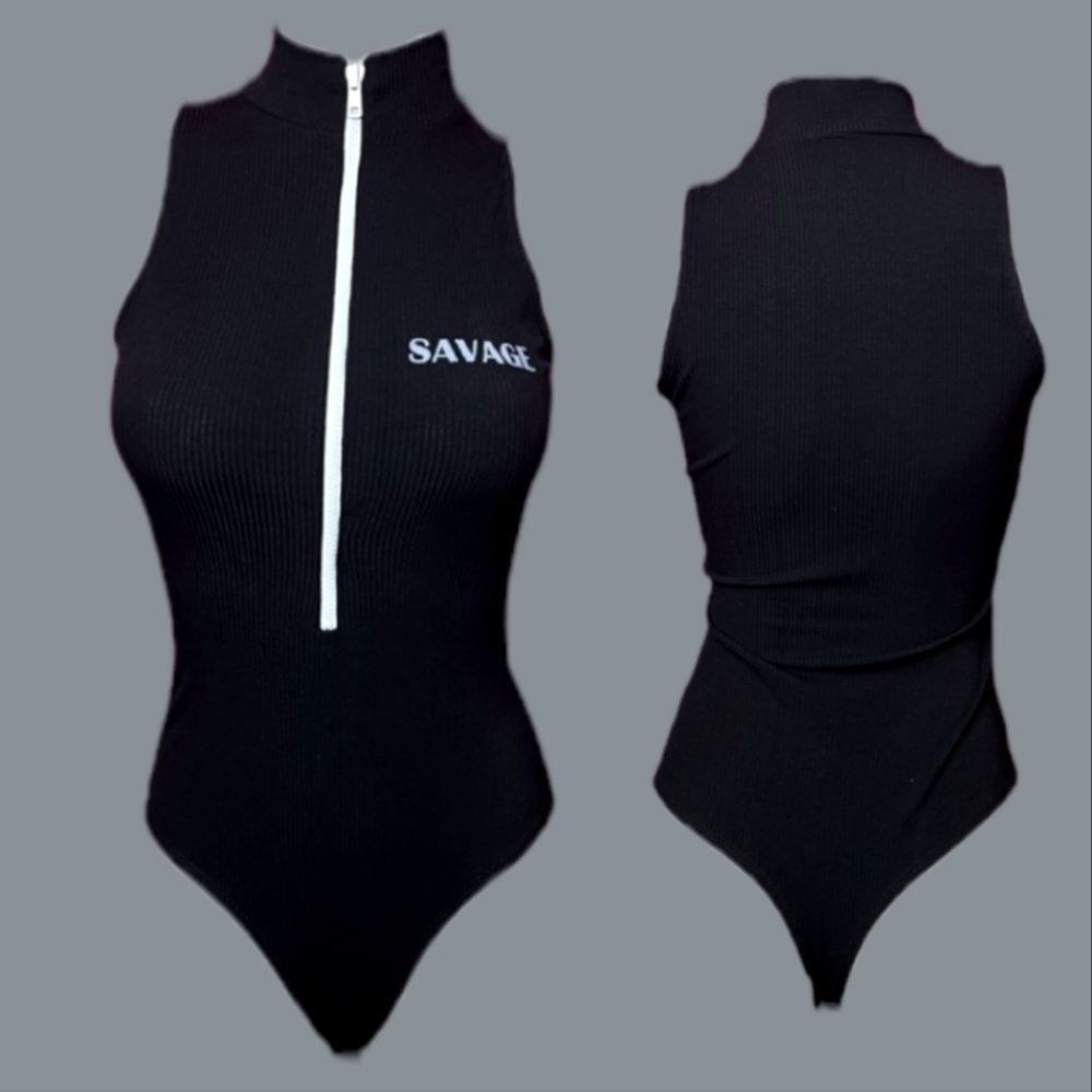 Black Ribbed ‘Savage Front Zipper Bodysuit